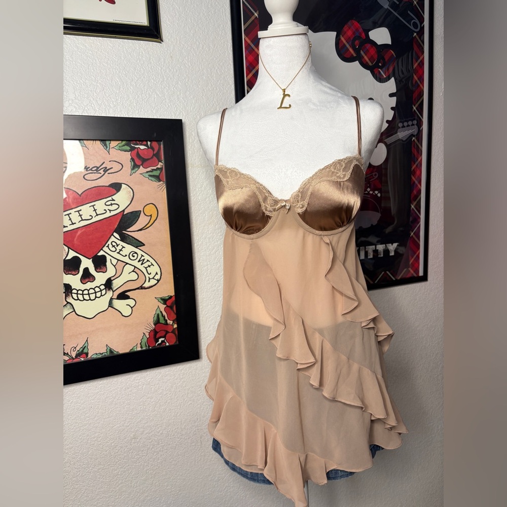 Delicates Tan Gold Ruffled Lace Trim Slip Dress Y2K Coquette Soft Girl
